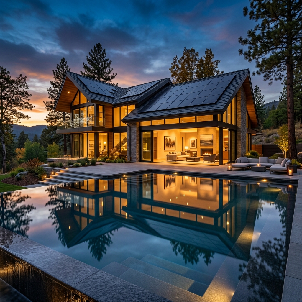 Pristine luxury villa at dusk with seamless flush-mounted dark matte solar roofing and warm champagne lighting