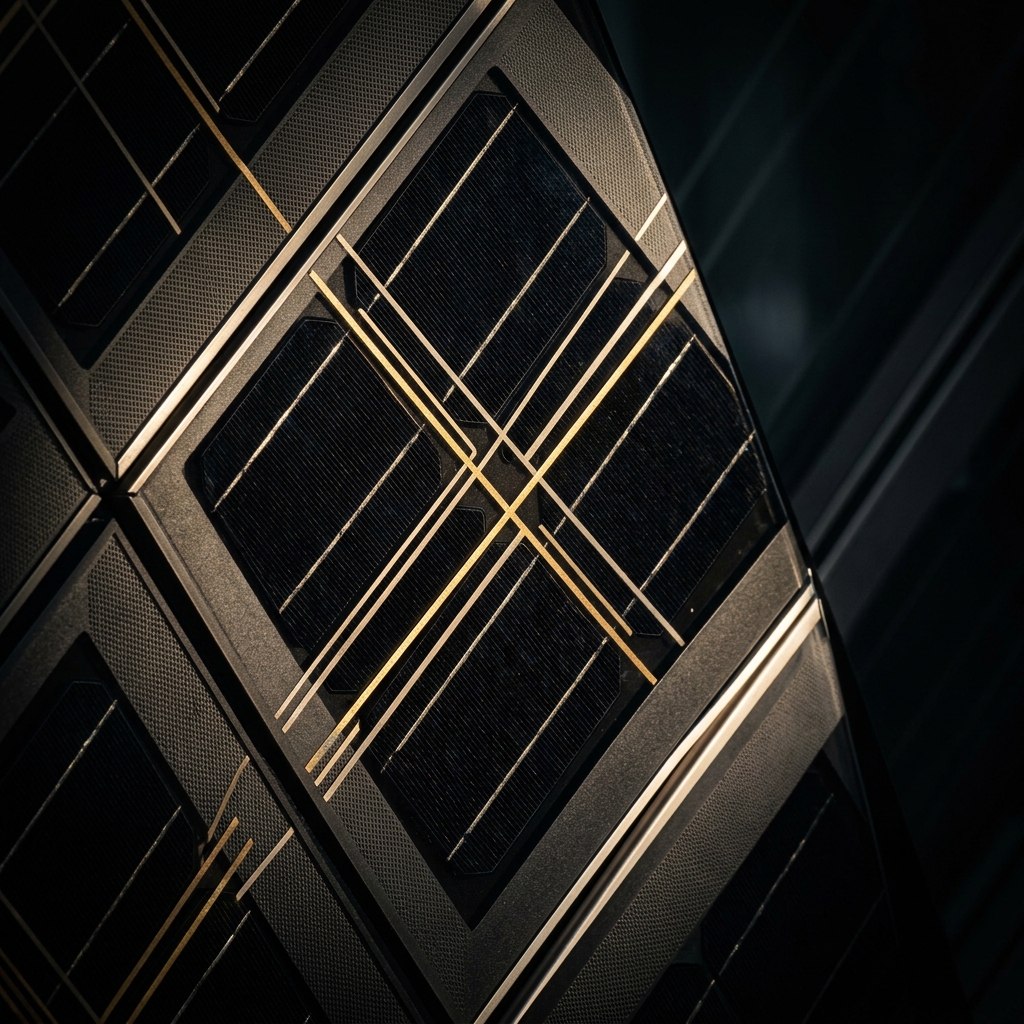 Architectural detail of premium black monocrystalline photovoltaic solar cells with refined gold grid lines